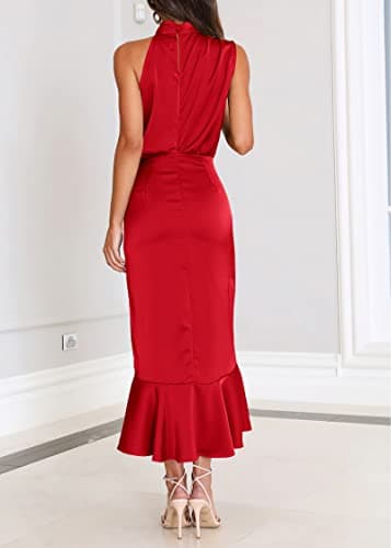 KIRUNDO Women 2026 Spring Summer Satin Mock Neck Wedding Guest Party Cocktail Midi Dress Sleeveless Wrap Ruffle Formal Dress(Red, X-Large) - Thumbnail 5