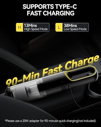 Handheld Car Vacuum Cleaner Cordless with 23000pa High Power Suction, 1.5H Type-C Fast Charge & 2 Suction Modes, Portable Mini Hand Vac Rechargeable with Multi-Nozzles for Car Home Office (Black) - Thumbnail 4