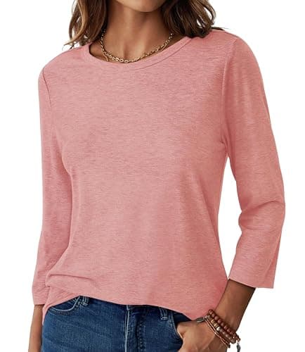 GKBK Womens Tops 3/4 Sleeve Shirts Round Neck Casual Blouses Basic Loose Fit Pullover Tshirts Dusty Pink M - Thumbnail 2