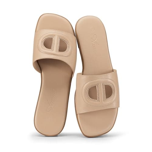 Athlefit Flat Sandals for Women Nude Square Open Toe Comfortable Slip On Beach Summer Slide Sandals Size 5.5 - Image 1