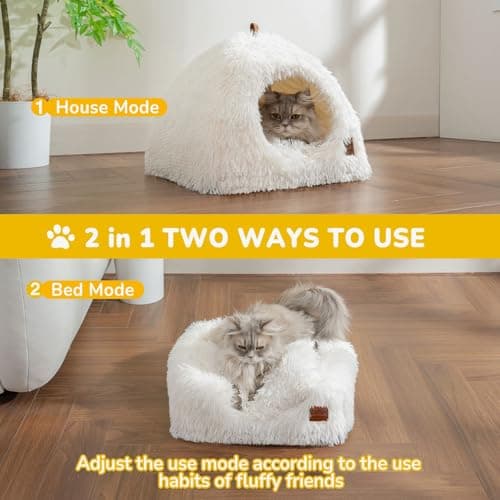 CATISM Cat Bed, Cat Cave for Indoor Cats, Soft Cat Dome, Self-Warming 2 in 1 Foldable Pet Cat House with Washable Cushioned Pillow Calming Fluffy Dog Beds for Small Dogs with Anti-Slip Bottom White - Thumbnail 2