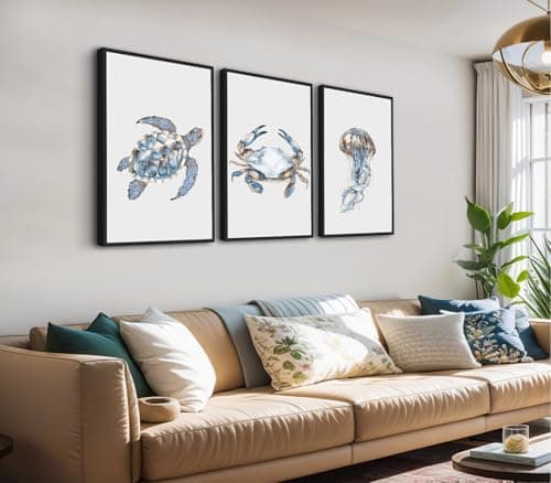 Large Framed Coastal Wall Art, Ocean Animal Blue Turtle Crab Jellyfish Canvas Prints, Minimalist Modern Sea Life Artwork Pictures for Living Room Bathroom Bedroom Office Decor 24"x36"x3Pcs