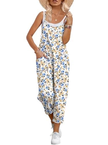 ANRABESS Women Jumpsuits Casual Summer Overalls Loose Spaghetti Strap Romper Jumpers with Pockets 2026 Beach Vacation Clothes Yellow Blue Floral Medium - Image 1