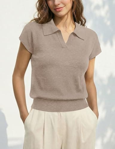 LaGracia Cropped Sweaters for Women Short Sleeve Collared Polo Sweaters Cap Sleeve Business Casual Crop Tops Spring Summer Outfits Camel L - Thumbnail 2