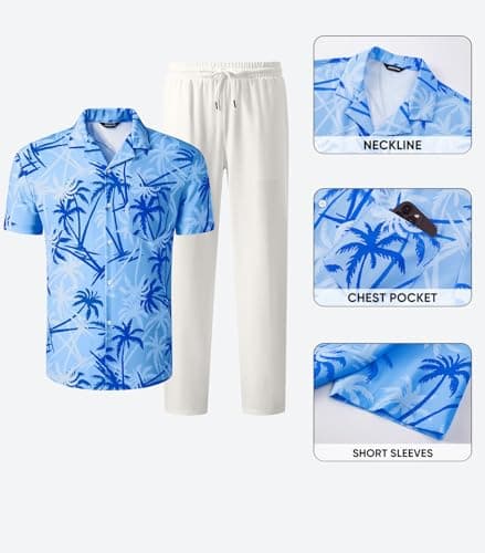 JMIERR Men 2 Piece Outfit Short Sleeve Hawaiian Beach Button Down Shirt Tropical Floral Shirt Casual Loose Pant Sets - Thumbnail 5