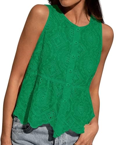 BTFBM Womens Tank Tops 2026 Summer Casual Sleeveless Button Down Shirts Embroidered Eyelet Blouse Beach Vacation Clothes(Green, XX-Large) - Image 1