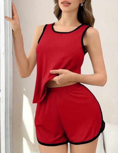 JUSTFASHIONNOW Women's 2-Piece Contrast Trim Pajama Set - Casual Tank Top & Shorts, Soft Ribbed Loungewear(Red Large) - Thumbnail 3