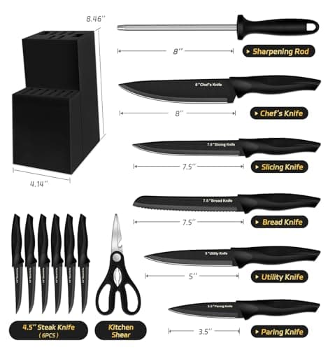 XANAPON Knife Set, 14 Pieces Kitchen Knife Set, High Carbon German Stainless Steel, Dishwasher Safe Cutlery with Sharpener, Black - Thumbnail 2