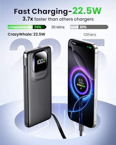 Crazywhale Portable Charger with Built-in Cables,22.5W Super Fast Charging Power Bank Slim Phone Charger,10000mAh Travel Battery Pack Battery Bank with Smart LED Display for iPhone, Android & USB-C - Thumbnail 3