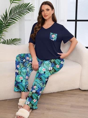 AusLook Plus Women Pajamas Set 2 Piece Lounge Sets Short Sleeve Top and Full Length Pant Chest Pocket Matching Maternity Christmas Print Black Jungle Blooms 2X Pjs Loungewear Sleepwear - Thumbnail 5