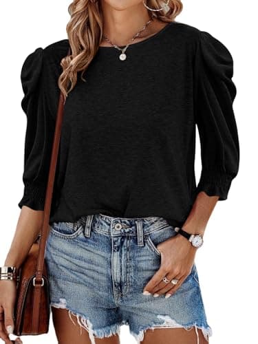 Tankaneo Womens 3/4 Length Sleeve Tops Dressy Casual Blouse Puff Sleeve Cute Trendy T Shirts with Smocked Cuffs Black