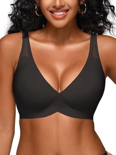 Jelly Bras for Women - S-M Wireless Deep V No Underwire Bralette with Support - Seamless Comfortable Lightly Padded T-Shirt Bra Pure Black S