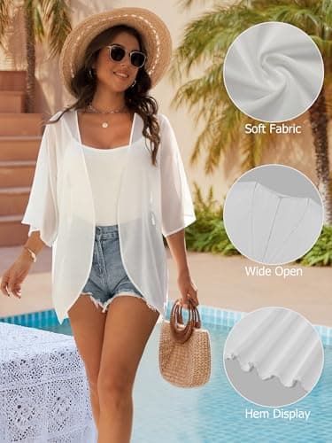 GKBK Women's Floral Print Puff Sleeve Kimono Cardigan Loose Cover Up Casual Blouse Ladies Shirts Casual Tops White L - Thumbnail 4