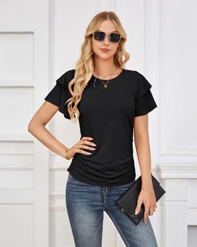 GRACE KARIN Summer Tops for Women Dressy Casual, Ruffle Short Sleeve Work Shirt, 2026 Spring Blouses Black X-Large - Thumbnail 2