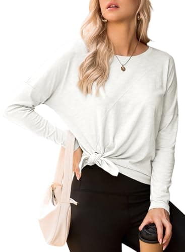 Dokotoo Long Sleeves Shirts for Women Oversized Fashion Clothes Crew Neck Tops Side Split Summer Tie Knot Basic Pullover Trendy Outfits Plus Size,White Large - Image 1