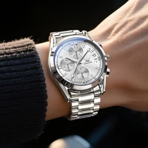 OLEVS Silver Watch for Men Luxury Waterproof Men's Watch Casual Fashion Analog Stainless Steel Chronograph Large Face Men's Watches Elegant Classic Quartz Date Wrist Watches for Man Reloj - Thumbnail 2