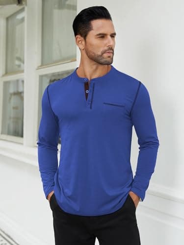 Hardaddy Men's Color Contrast Henley Shirt Long Sleeve Button T-Shirt Lightweight Henley Tshirt for Men Basic Pullover Shirt with Pocket Royal Blue 3XL - Thumbnail 2