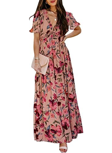 BLENCOT Women's Casual Boho Floral Printed Deep V Neck Loose Short Sleeve Long Evening Dress Ruched Cocktail Party Maxi Wedding Dress Red X-Large - Image 1