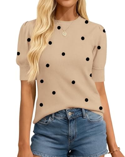 BTFBM Womens Tops Polka Dot Puff Short Sleeve Sweater for Women Crewneck Knit Summer Tops Business Dressy Casual Blouses(Apricot, X-Large) - Image 1