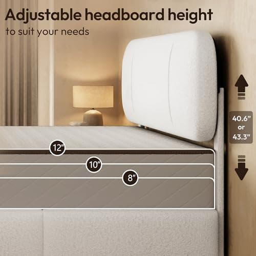 Uteeran Full Size Bed Frame with Storage, Boucle Cloud Bed with 4 Locking Drawers & LED Lights, Modern Upholstered Platform Bed, Plush Sides & Footboard, Adjustable Headboard, No Box Spring, White - Thumbnail 6