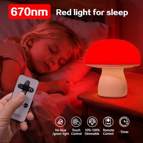 PowerTalk 670nm Red Light Lamp for Bedroom Sleep, Dimmable Mushroom Red Night Light with Timer, Remote & Touch Control for Baby Kids Adults - Portable and Rechargeable[2026 Upgrated Red Light Therapy] - Thumbnail 2