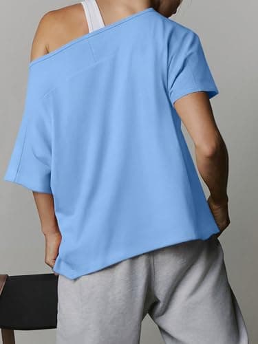 REORIA Women's Off The Shoulder Oversized T Shirts Short Sleeve 2026 Summer Basic Tees for Going Out Loose Fit Casual Daily Wear Light Blue X-Large - Thumbnail 2