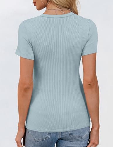GKBK Crew Neck Short Sleeve Tops for Women Ribbed Fitted Tight Shirts Layering Top Basic Tee Tshirts Cute Summer Tops Casual Spring Clothes Outfits 2026 Trendy Light Blue - Thumbnail 5