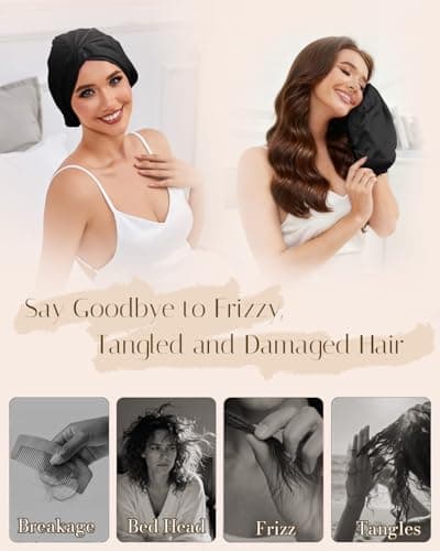 HFRHTGY Adjustable Silk Satin Hair Bonnet for Sleeping Women Hair Wrap, Double Layer Night Turban, Sleep Cap for Natural Curly Straight Unisex - Black - Thumbnail 4