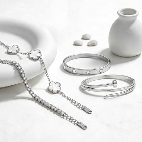 JINDETAI Stackable Silver Bracelets for Women - 3/4/5 Sets, Non-Tarnish Stainless Steel & Sterling Silver Trendy Stackable Bangle Jewelry Set, Gifts for Valentine's Day, Birthday, Prom and Christmas - Thumbnail 6