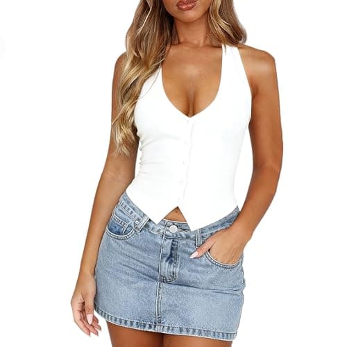 Halter Tops for Women, Sexy Tops for Women, Going Out Tops, V Neck Sleeveless Backless Y2k Tank Top, Ribbed Slim Fit Top (X-Small, White) - Image 1