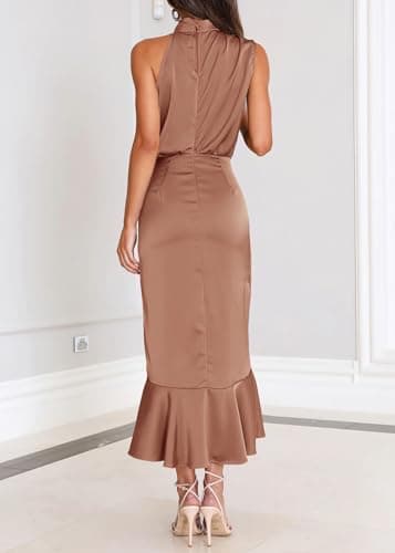 KIRUNDO Women 2026 Spring Summer Satin Mock Neck Wedding Guest Party Cocktail Midi Dress Sleeveless Wrap Ruffle Formal Dress(Champagne, Small) - Thumbnail 5