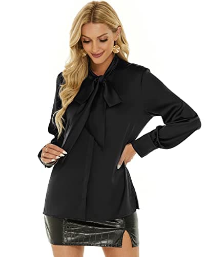 Women's Satin Blouse Bow Tie Neck Long Sleeve Button Down Shirt Casual Office Blouse Top (Black, X-Large) - Thumbnail 5