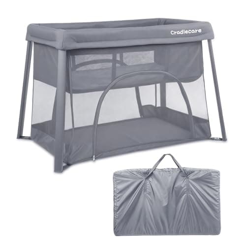Cradlecare Travel Pack and Play with Bassinet & Mattress, Lightweight Portable Baby Bed, Foldable Playard for Travel & Home, Easy Setup Playpen for Babies & Toddlers with Storage Bag (Grey)