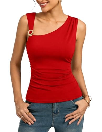 Kate Kasin Women's Red Ruched Going Out Tank Top, Sleeveless Asymmetrical Tops, Y2K Concert Vacation Outfits for Summer - Image 1