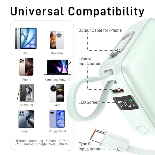 VINKO Small Portable Charger, 22.5W Fast Charging Mini Power Bank 10000mAh with Built-in Cables LED Display, Travel Essential USB-C Battery Pack Compatible with iPhone,Samsung,Android (Green) - Thumbnail 5