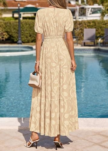 KIRUNDO Summer Dresses for Women 2026 Boho Flowy Casual Short Sleeve V Neck Elastic Waist Floral Long Baby Shower Maxi Dress(Apricot, Small) - Thumbnail 5