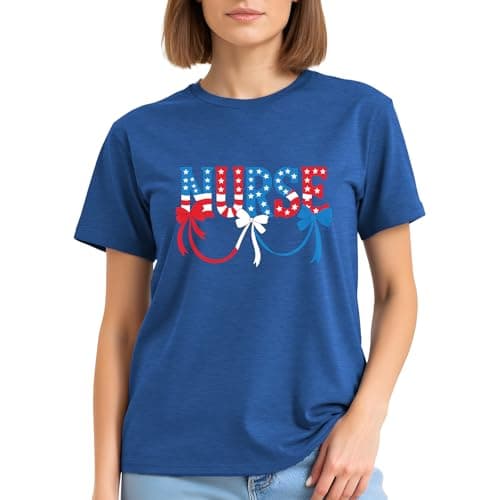 4th of July Nurse Shirts Women-Cute Nurse Bow Short Sleeve Patriotic Bow Tee Tops A-Blue - Thumbnail 2