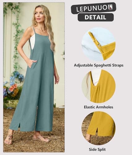 Lepunuo Womens Casual Loose Jumpsuits Summer Wide Leg Rompers Sleeveless Overalls Boho Jumpers with Pockets - Thumbnail 2