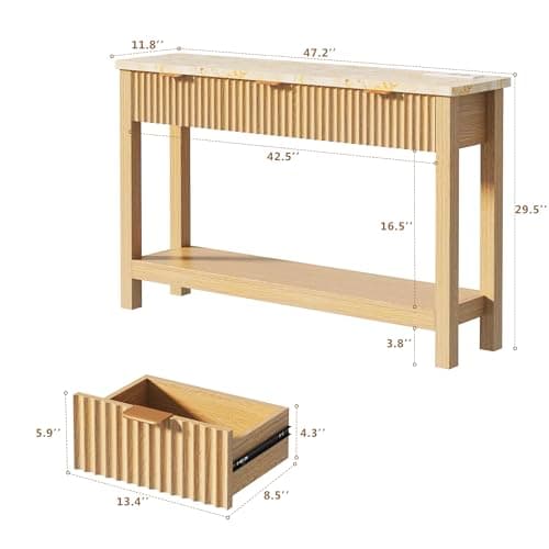 HUAHUU 47.2" Fluted Console Table with 3 Drawers, Long Sofa Table with Storage Behind Couch, Modern Entryway Table with Power Outlet & Open Storage for Entrance/Hallway/Foyer/Living Room, Oak - Thumbnail 2