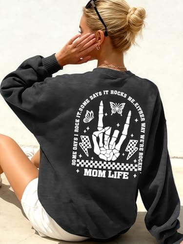 YHHR Mama Sweatshirts Mom Life Crewneck Sweatshirts Funny Mama Halloween Skeleton Rocker Graphic Sweatshirts Pullover Top Darkgrey - Thumbnail 2