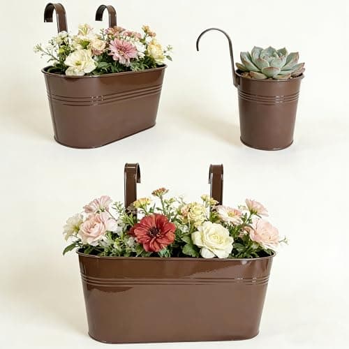 Joyfernal Set of 6 Balcony Hanging Planters, 2 Pcs 17" Metal Railing Flower Pots & 2 Pcs 12" Deck Planter & 2 Pcs 4" Fence Pot for Outdoor Patio Garden Décor, Chocolate - Thumbnail 4