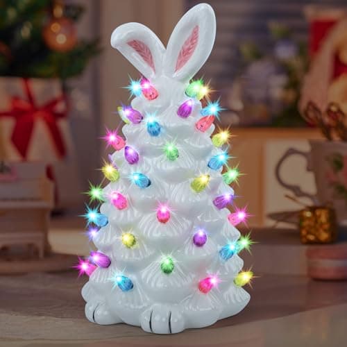 GARKALY Light up Easter Bunny Decor Glowing Tree, Cute Ceramic Tree Bunny Decorations for The Home Indoor Bedroom Office Decor Tabletop, Easter Night Light for Kids Gifts (White) - Thumbnail 5