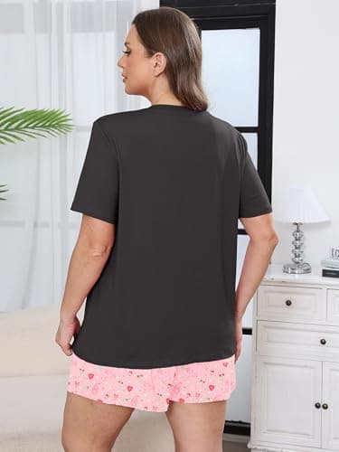 AusLook Plus Size Pajama Set for Women 2 Piece V Neck Short Sleeve Loungewear 2X Set with Pajama Printed Shorts Summer Sleepwear Loose Fit 1X-5X - Thumbnail 6