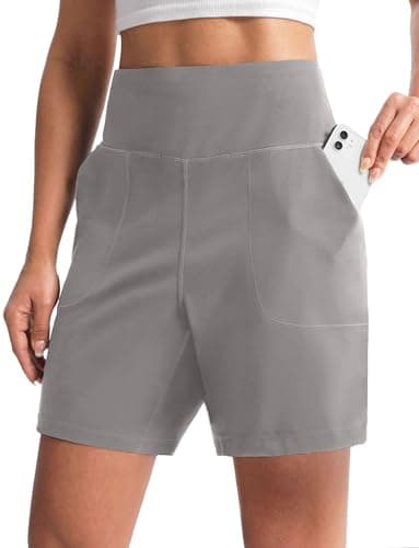 Cyasundent Women's Athletic Shorts with Zipper Pocket 6" High Waisted Bermuda Shorts for Women Workout Walking Running(Light Grey_XXXL) - Image 1