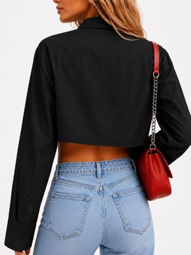 Button Down Crop Top for Women Casual Irregular Hem Solid Color Cropped Blouse Shirt Tunics Black XL - Thumbnail 4