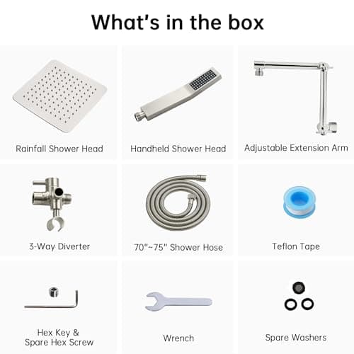 G-Promise All Metal 10 Inches Rainfall Shower Head with Handheld Spray Combo, 3 Settings Diverter, Adjustable Extension Arm with Lock Joints, 71 Inches Stainless Steel Hose (Brushed Nickel) - Thumbnail 6