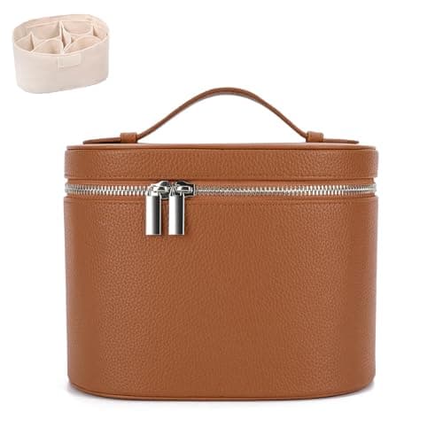 IEMIEBOAMGNOY Leather Make Up Bags With Compartments, Brown travel Cosmetic Bags for Women, Parallel Makeup Travel Bags Organizer Equipped With a Detachable Divider - Image 1