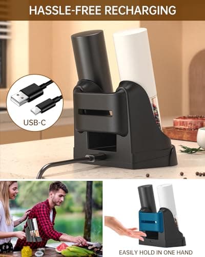 CIRCLE JOY Electric Salt and Pepper Grinder Set Automatic Salt and Pepper Mills Set with Easy-to-Carry Charging Base and LED Light, USB Rechargeable, Upgrade External Adjustable Coarseness - Thumbnail 3