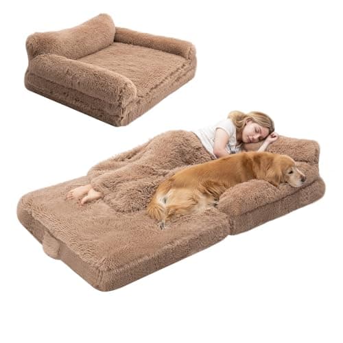 OtterOasis Foldable Human Dog Bed for Adults, Fluffy Human Sized with Blanket, Orthopedic Washable Dog Bed with Memory Foam and Water Repellent Liner for Pet (Brown, 72 * 44 * 10 inch) - Image 1
