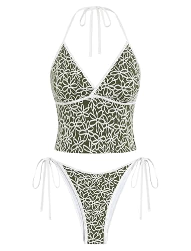 ZAFUL Women's Halter Tankini Swimsuits V Neck Tummy Control Tie Side Thong Bikini Swimsuits 2 Piece Bathing Suits White Flower M - Image 1